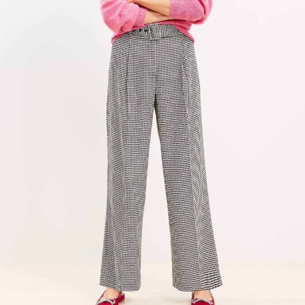 Loft Womens Houndstooth Wide Leg Trousers Size 8 Career Corp Office Work Pants